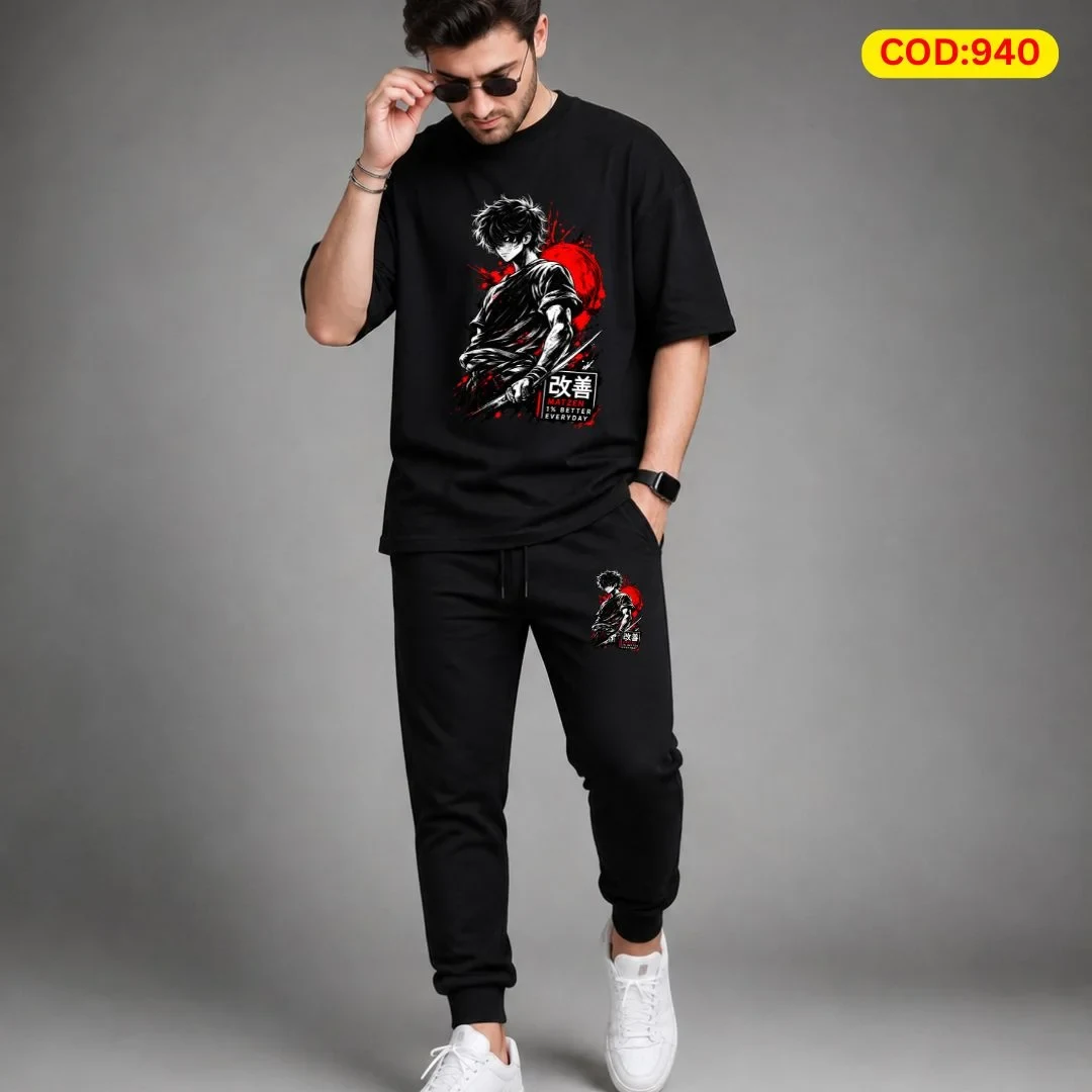 Stylish Drop Shoulder 100% Cotton T-Shirt & Trouser Combo set