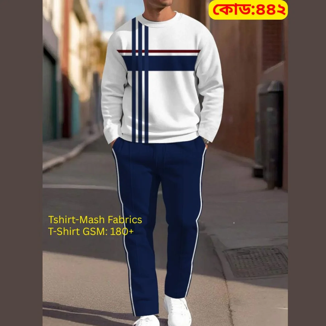 Men’s Mesh Full Sleeve T-Shirt & Trouser Combo Set – Navy Wave Edition