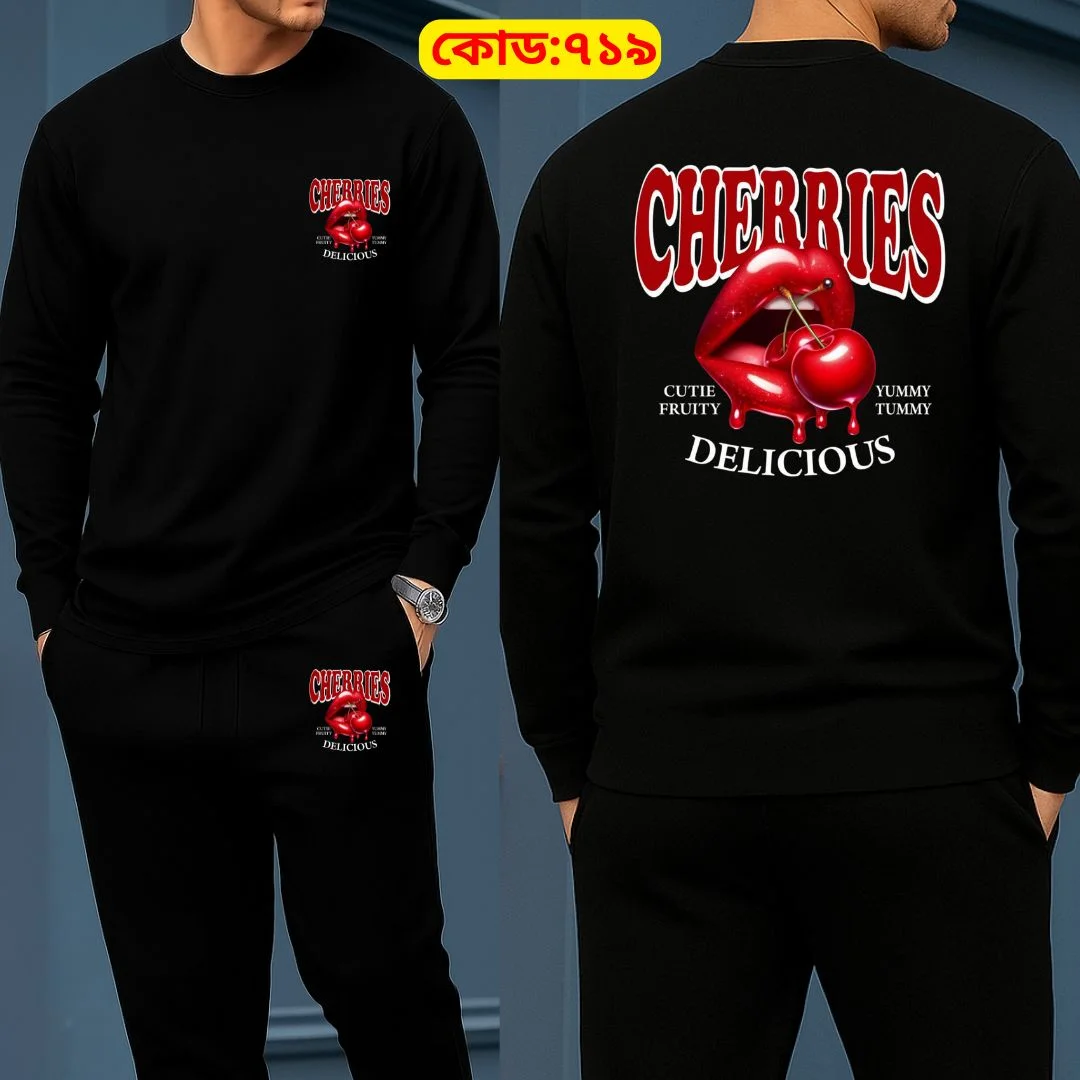 Long Sleeve Drop Shoulder Tshirt and Trouser Set – Cherries Delicious Black