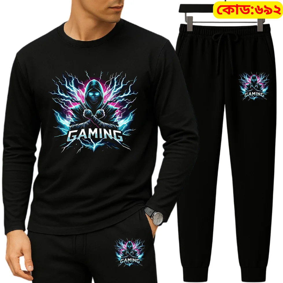 Long Sleeve Drop Shoulder Tshirt and Trouser Set – Black Gaming Edition