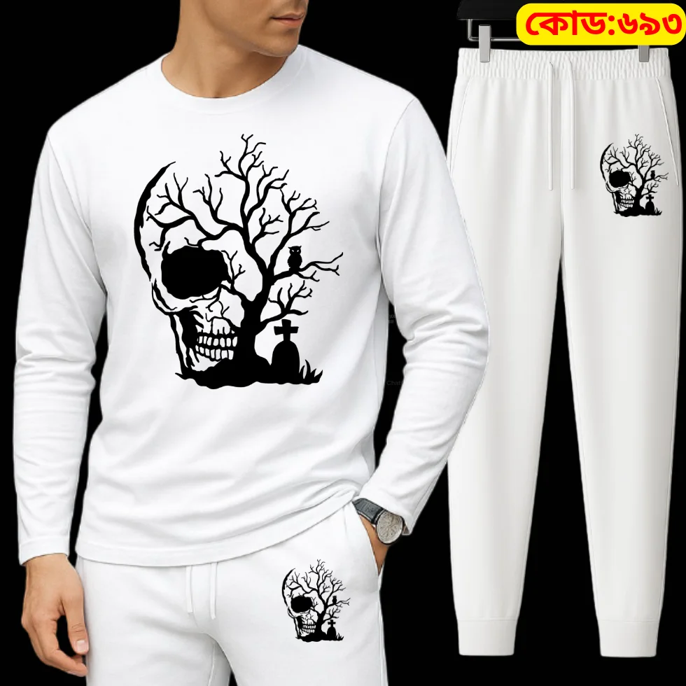 Long Sleeve Drop Shoulder Tshirt and Trouser Set – White Skull Edition