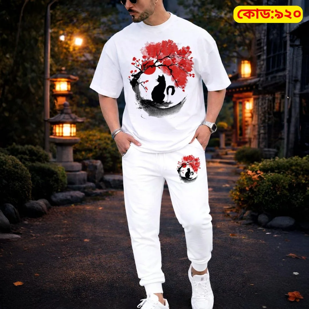 Stylish Drop Shoulder 100% Cotton T-Shirt & Trouser Combo-Cat Edition