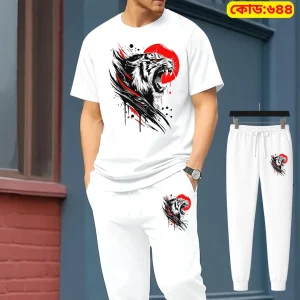 Stylish Drop Shoulder 100% Cotton T-Shirt & Trouser -Wh Tiger Edition