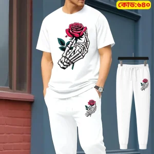 Stylish Drop Shoulder 100% Cotton T-Shirt & Trouser -Wh Rose Edition